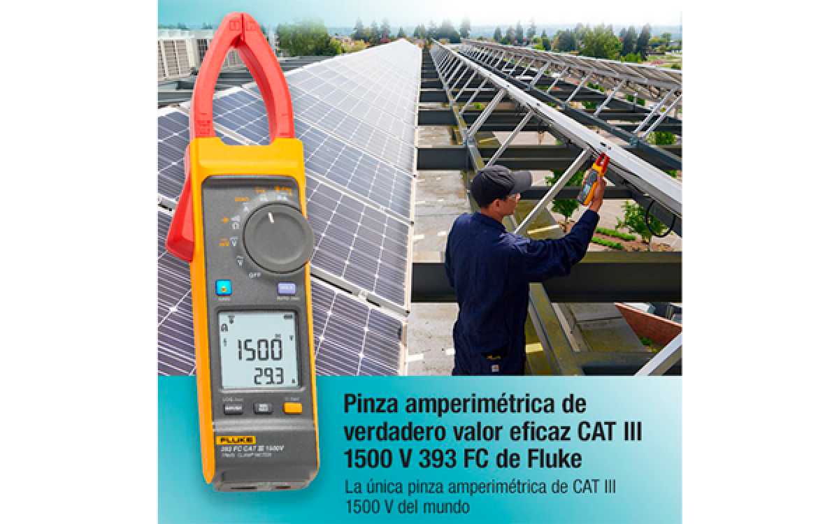 La pinza amperimétrica de verdadero valor eficaz Fluke 393 FC CAT III de 1500 V con iFlex proporciona mediciones rápidas y seguras en  entornos de 1500 V CC